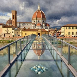 gently arching glass bridge, diamond onions, water level view deep perspective, florence, beautiful watercolour