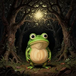 Dark Forest fractal Light Through Canopy black sky Ziricote Ivory chubby cute pepe Brazilian Rosewood wandering pepe the frog standing upright the value of grief and loss Dark Forest Canopy loss, Luminism, pepe the frog , art in the style of Francisco de Goya and Thomas Cole and Gustave dore and Arnold Lobel