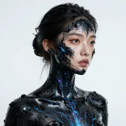 full shot of a beautiful woman covered by black oil, bio luminescent, plasma, by ruan jia key art. fantasy illustration. award winning, artstation, intricate details, realistic, hyperdetailed, 8 k resolution.