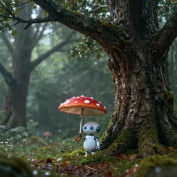 a tiny robot holding a mushroom ambrella, under a gaint tree in forest, raining artstation, an epic fantasy, cinematic lighting, hyper realistic, photographic, sharp focus, by greg rutkowski and wolp, artgerm