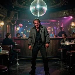 the full - body shot of crying unkempt drunkard brawler joaquin phoenix with sideburns worn in grey jacket in steampunk disco bar, still shot from withnail & i movie with cinematography of christopher doyle, frostpunk, neon light reflectied from discoball, anamorphic, optical flares, kodak film, masterpiece, 8 k