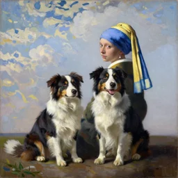 two australian shepherds, person sitting, clouds in sky, impressionist painting, artstation, johannes vermeer