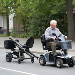 photograph of an eldery gentleman towing a howitzer! artillery! which is connected to his mobility scooter, on a street