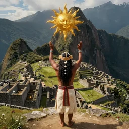 a painting of an incan shaman doing a prayer to the sun on the machu picchu with arms up,, matte painting, fantasy art, hyper detailed, concept art
