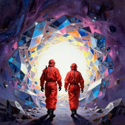 two scientist wearing red hazmat suits entering the geometric crystal nebula dimensional gateway by frank frazetta. backlit. blue pink yellow orange and purple background.