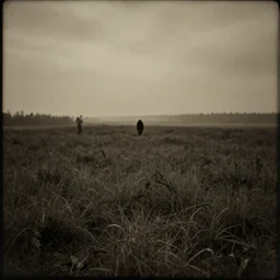 old photo of a creepy landscape, scary figure in the distance
