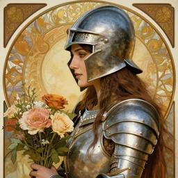 closeup portrait of a beautiful mysterious woman warrior wearing an armour costume and helmet, holding a bouquet of flowers, profile view, fantasy, regal, intricate, by stanley artgerm lau, greg rutkowski, thomas kinkade, alphonse mucha, loish, norman rockwell