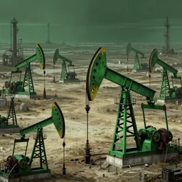 hyper detailed digital matte painting of numerous futuristic robotic oil pump jacks, sprawling across empty and parched landscape, by francisco goya, chernobyl style industrial green matte, hypermaximalist, behance hd, a masterpiece, artstation, nightcafe, unsettling, mysterious, odd, by stephan martiniere and alexander fedosav