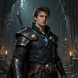 A fantasy comic book style portrait painting of a 30 year old male as a Sorcerer in a atmospheric dark fortress, unreal 5, DAZ, hyperrealistic, octane render, RPG portrait, ambient light, dynamic lighting