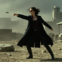 Ellen Page as Agent Smith dodging a bullet in slow motion, film still from 'The Matrix'
