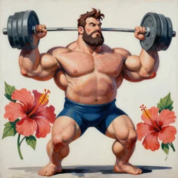 greg manchess portrait of himera man and hibiscus as roided thick muscular weightlifter fantasy medium shot, asymmetrical, profile picture, organic painting, sunny day, matte painting, bold shapes, hard edges, street art, trending on artstation, by huang guangjian and gil elvgren and sachin teng