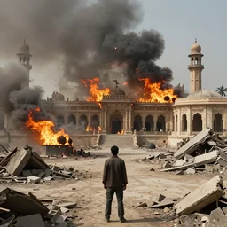 The civilization is getting destroyed by bombs and fire is in big buildings and palaces and a man is alone looking at destruction