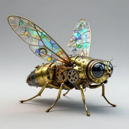brass steampunk housefly with stained glass wings. clockwork. gears, pipes. goggles. rivets. octane render. highly detailed.