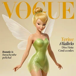 tinker bell from disney. studio photo. vogue magazine cover with text. highly detailed