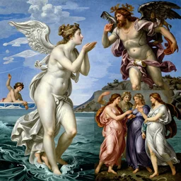 the collage depicts the goddess venus, who is born from the sea, being blown towards the shore by the wind god zephyr. on the shore, the goddess of love, beauty, and fertility, is greeted by the nymphs who attend to her. the collage is a masterful example of use of color, light, and perspective. the figures are depicted in graceful poses, and the overall effect is one of serenity and beauty. by joseph ducreux, by johannes itten, by john hejduk lifelike