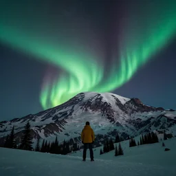mt rainier astrophotography, beautiful night sky, aurora borealis, award winning photograph, national geographic