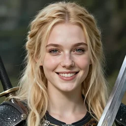 Jordis the Sword-maiden from Skyrim || happy, blonde, cute-fine-face, pretty face, realistic shaded Perfect face, fine details. Anime. realistic shaded lighting poster by Sakimichan, magali villeneuve, artgerm, Jeremy Lipkin and Michael Garmash and Rob Rey