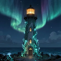 a detailed illustration of an ornate lighthouse  by the ocean, bioluminescent art nouveau vines creep around the lighthouse, aurora borealis, night sky, by Simon Stålenhag, 4K, trending in artstation, wide angle