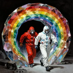 two scientists in one red and one white hazmat suit entering the geometric rainbow crystal dimensional gateway by frank frazetta
