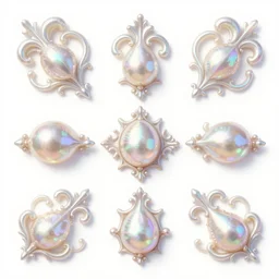 baroque flourish designs, pearly and iridescent and translucent, pastel rainbow refraction and reflection, surrounded by flowers and leaves, crystals, by artgerm, by sakimichan, by nixeu, by ruan jia, by conrad roset,