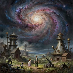 a beautiful landscape painting of steampunk landscape, a junk nebula in the sky by jean - honore fragonard and don bluth and makoto shinkai, trending on artstation, octane render