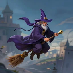 wizard flying on the broom, front view, digital art, artstation