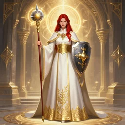Full-body picture of beautiful young priestess, White and gold robes, red waist-long hair, mace and shield, visible face, dungeon and dragons, high fantasy, holy energy, ornamental, symmetry, artstationhd, artstationhq, trending in artstation, safebooru, ultra HD
