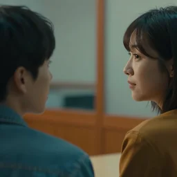 conversation between 2 people, over the shoulder shot, shallow depth of field, anamorphic lens, teal and orange colour grading, photorealistic, hd, cinematic