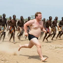 mini - dv still of a fat, caucasian man in a swimsuit chasing african tribesmen