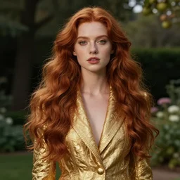 portrait of a girl with long red hair, very beautiful style, girl in a garden, in a gold suit, photorealism, edgard maxence,