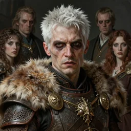 portrait painting of a sarcastic man with short white hair wearing fur armor, ultra realistic, concept art, intricate details, eerie, highly detailed, photorealistic, octane render, 8 k, unreal engine. art by artgerm and greg rutkowski and charlie bowater and magali villeneuve and alphonse mucha