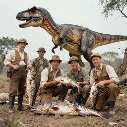 a photo from the 1930\'s of hunters showing off their catch, a velociraptor.