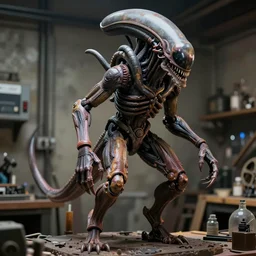 photo taken of an epic intricate, ultra detailed, super realistic gritty, hero prop, exquisitely weathered animatronic movie prop of a lifelike sculpture of a nightmarish hellish alien creature displayed in the workshop, created by weta workshop, full body shot, photorealistic, sharp focus
