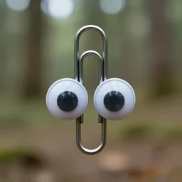 office paperclip, paperclip, googly eyes, in the woods, photography, depth of field, 4 k resolution