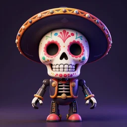 a mexican calavera robot, happy, digital art, symmetric, 3 d render, inspired by deema egorov and skottie young, vibrant