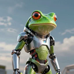 a portrait style photo of a cyborg - frog, cyberpunk, cinematic view, epic sky, detailed, concept art, low angle, high detail, warm lighting, volumetric, godrays, vivid, beautiful, trending on artstation, by jordan grimmer, greg rutkowski