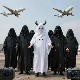 An evil cult. All members are black cloaked. One member is white cloaked and has googly eyes all over it. There are airplanes flying over it. They work for LGBTQ. They are summoming a demon with rituals. Photorealistic picture, 4K GoPro camera.