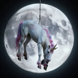 sad Suicidal depressed unicorn man hangs himself from the moon, dramatic lighting, cinematic, establishing shot, extremely high detail, foto realistic, cinematic lighting, post processed, concept art, high details, cinematic, 8k resolution, beautiful detailed, photorealistic, digital painting, artstation, concept art, smooth, sharp focus, artstation trending, octane render, unreal engine