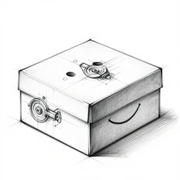 a perfectly symmetrical box with a smile on it, mechanical technical drawing sketch