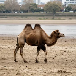 camel walking on the dried up riverbed of the thames in london