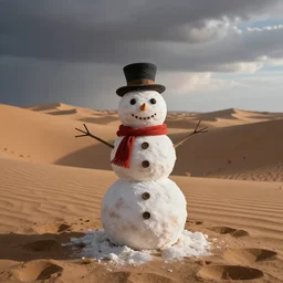 a snowman in the middle of the desert.