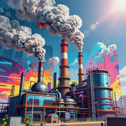 a digital cyberpunk mural of a massive factory pumping out billowing clouds of creative images and carbon emissions from a tall smokestack, by RHADS, vibrant, colourful, 4k, lens flare, panoramic, cyberpunk