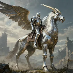 highly detailed elden ring portrait photo of a giant chrome knight mounting a giant hippogryph - mumakil. both standing in in scenic dystopian environment, dramatic light, hyperrealistic illustration by william didier - pouget