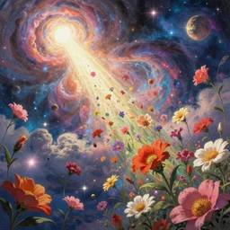 an epic fantastic realism comic book style painting of a glorious place where the heavens open to the great cosmos, where flowers are launched into the unknown 8 k, ultra realistic, lens flare, atmosphere, glow, detailed, intricate, full of colour, cinematic lighting, trending on artstation, 4 k, hyperrealistic, focused, extreme details, unreal engine 5, cinematic, masterpiece