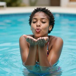 Zenday blowing a kiss in the swimming pool