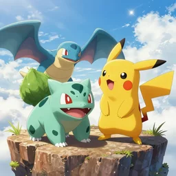 Cinematic view of bulbasaur fighting with pikachu on a cliff, hyperdetailed, artstation, fury