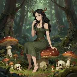 a gothic fairy sitting on a toadstool in a forest, skulls and mushrooms, fantasy graphic novel style, by wendy pini, intricate, very fine inking lines, extremely detailed, 4k, hd