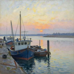 a 1 9 th century fishing port at dawn, in impressionism style