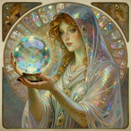 a mystical digital illustration of a fortune - teller gypsy with a crystal ball in her hand, iridescent scaled skin, refraction and reflections, translucent, shawl, robes, scarf, artstation, painting by alphonse mucha and bouguereau and ruan jia and conrad roset