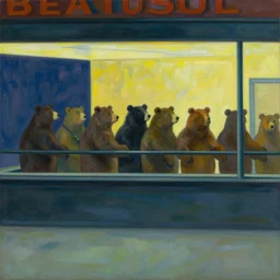 painting, view from inside edward hopper's painting nighthawks, of a group of werebears robbing a bank